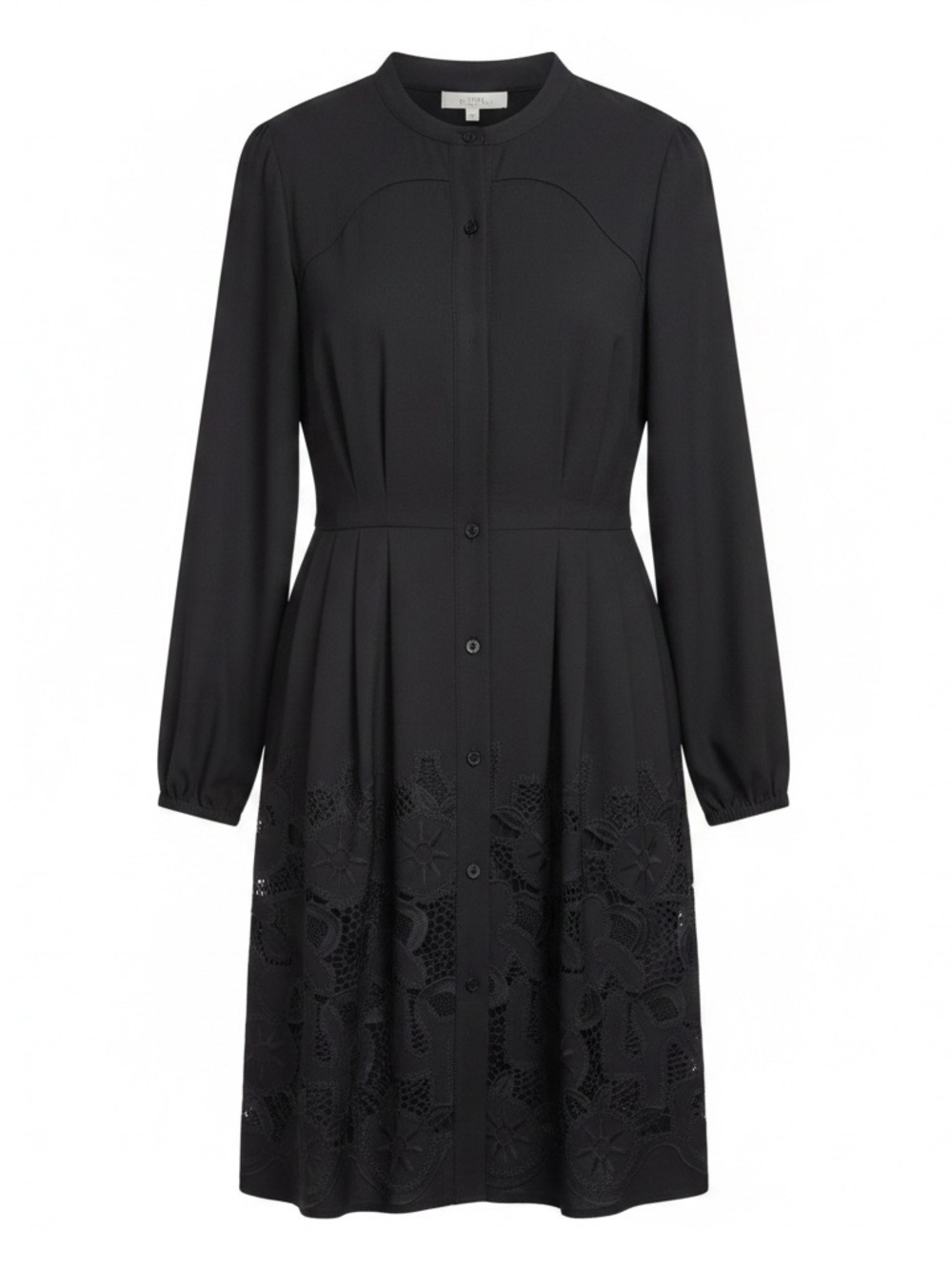 Pearl Black Long-Sleeve Button-Front Dress with Lace Hem